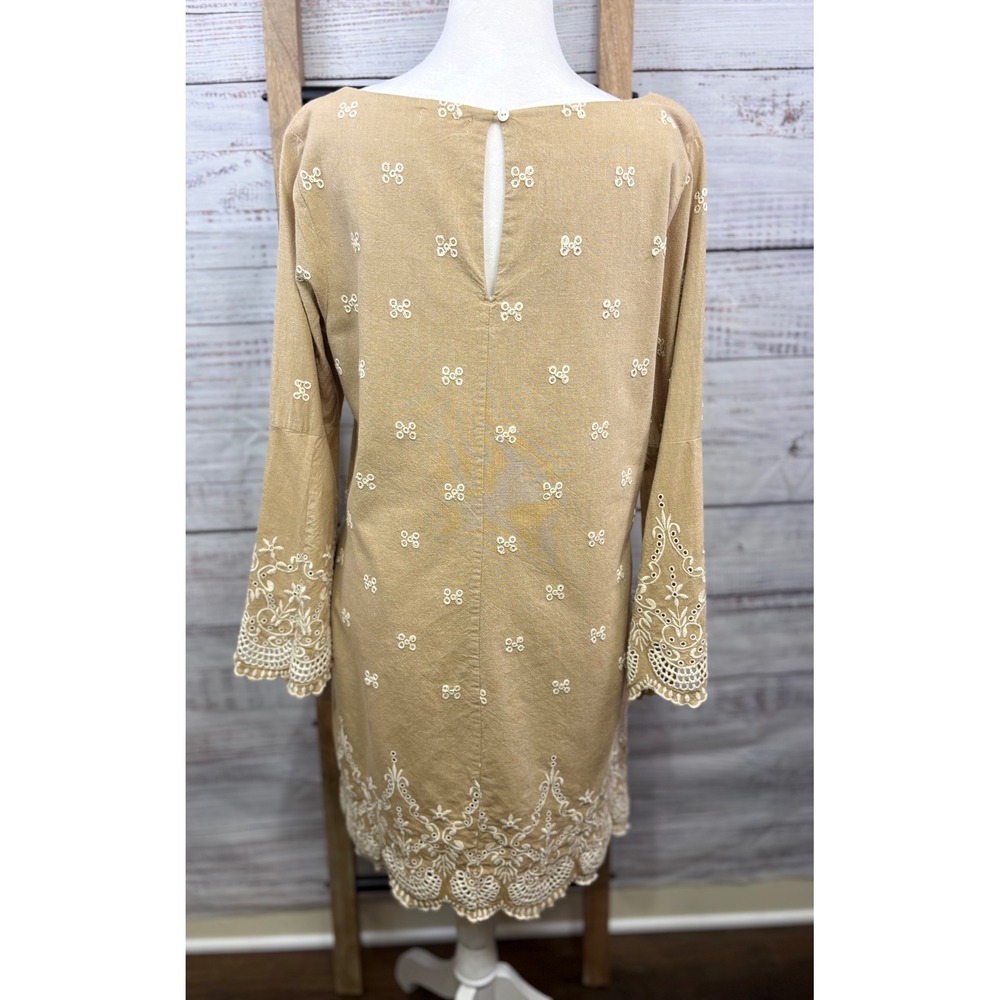 Sundance Embroidered Eyelet Boho Shift Dress Tan Cotton Bell Sleeve Petite 10 - Picture 14 of 14